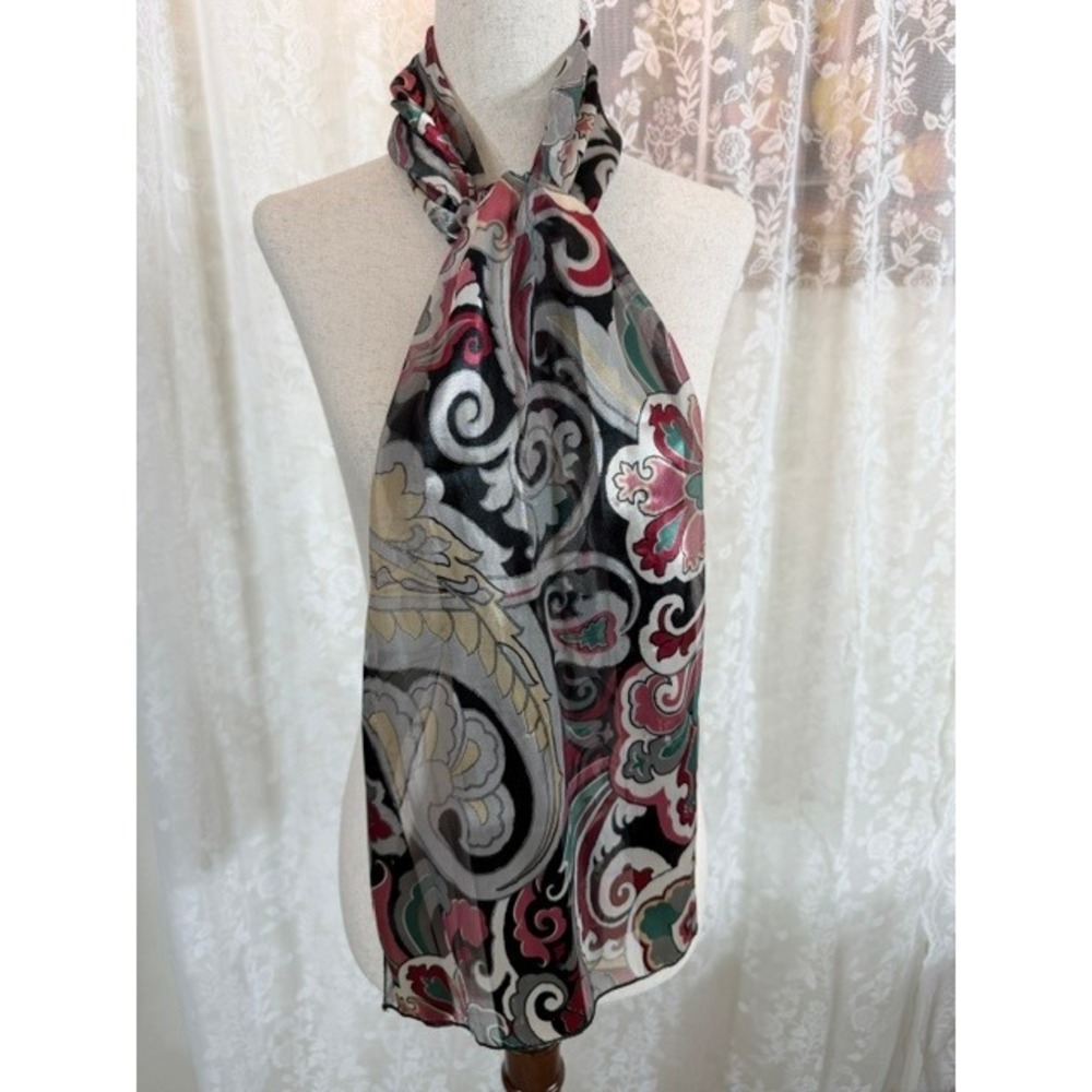 Vintage Paisley Floral Silk Feel Oblong Scarf Pink Green Black RN 103114
